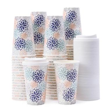 Imagem de Tamone Pacote com 100 xícaras de café descartáveis de 473 ml com tampas, copos de café To Go com tampas à prova de vazamento, copos de papel branco e azul design de flores para café frio/quente bebida