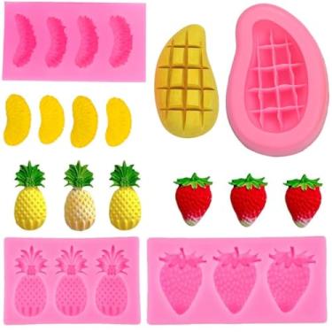 Imagem de ELINKA 4 Moldes de Geleia em Forma de Fruta 3D Morango, Laranja, Manga e Abacaxi - Moldes de Silicone Alimentício para Fondant, Sabão, Cera, Doces