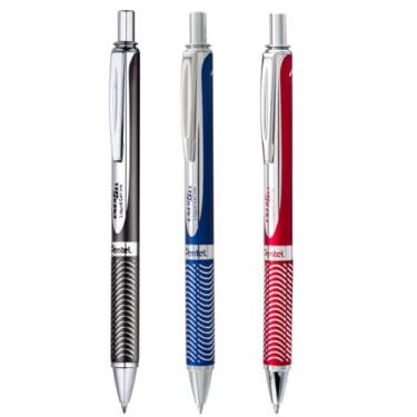 Imagem de (3) Caneta de gel líquido retrátil de liga Energel Pentel, (0,7 mm) linha média, cano azul marinho, barril vermelho, barril preto 1 pacote com tinta preta