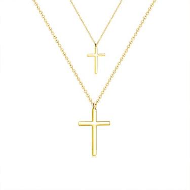 Imagem de Colar com pingente de cruz pequena da MOMOL, colar de cruz de aço inoxidável banhado a ouro 18 quilates, colar de corrente cristã religiosa cristã com pingente de cruz pequena e delicada