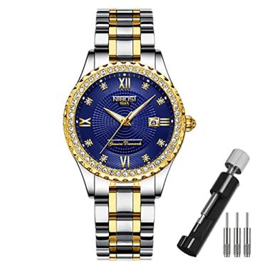Imagem de Relógios femininos diamante luxo ouro prata senhoras moda clássica analógico quartzo impermeável vestido inoxidável luminoso dia data esposa presentes relógio de pulso NIBOSI, L2357blue, Clássico