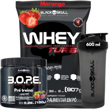 Imagem de Black Skull Whey Protein 907g + Pré-Treino 150g + Coqueteleira 600ml - Kit Caveira Preta (Whey Morango - Bope Frutas Vermelhas)