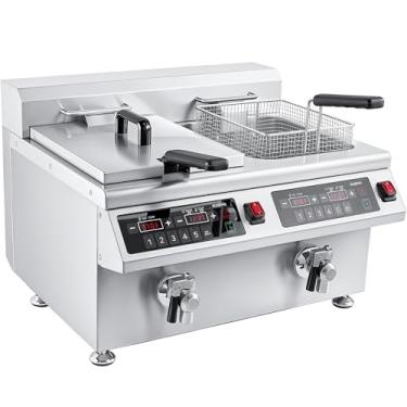 Imagem de EGGKITPO Fritadeira De Indução 24L Tanque Duplo Fritadeira Profunda Com Cesto E Tampa Fritadeira Elétrica De Bancada Com Temporizador E Dreno De Óleo Fritadeira Comercial De Aço Inoxidável Para Gran
