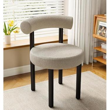 Imagem de Cadeira de jantar estofada Sherpa, cadeiras modernas de cozinha Vanity Chai com encosto curvo, cadeira de sala de jantar Boucle com pernas de metal para sala de estar/recepção/quarto, cinza