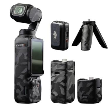 Imagem de yiodelu Capa protetora 5 em 1 para DJI Pocket 3 conjunto de adesivos camuflados pretos resistentes a arranhões para câmera Osmo Pocket 3, decoração de pele e proteção total