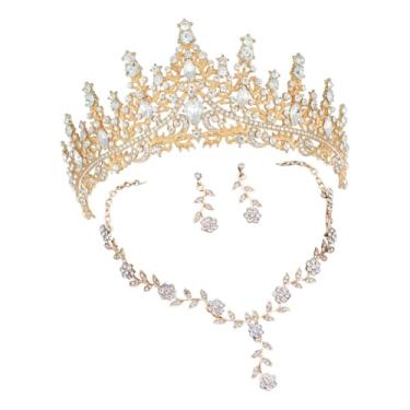 Imagem de Conjunto de Tiara e Joias para Noiva, Coroa Dourada com Cristais Vermelhos e Transparentes, Colar e Brincos Florais (Dourado)