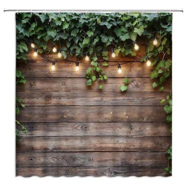 Imagem de FILMILIL Cortina de chuveiro de madeira rústica, folhas verdes, vinha, fazenda, vintage, madeira, grunge, pranchas, porta de celeiro, país L; conjunto de cortinas de banheiro IFE ganchos de tecido de