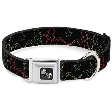 Imagem de Buckle-Down Coleira para cães com fivela de cinto de segurança – Meninas Mud Flap com contorno de estrela preto/multicolorida – 3,8 cm de largura – Serve para pescoço de 40,6 a 58,4 cm – Médio