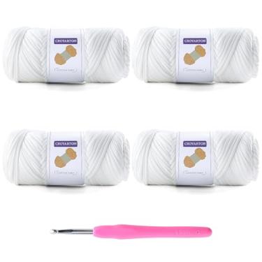 Imagem de Pacote com 4 fios de camisetas para crochê, camisetas elásticas, fios de tricô espaguete, comprimento total, 260 metros para cestas de saco de crochê, decoração de casa com 1 agulha de crochê (4