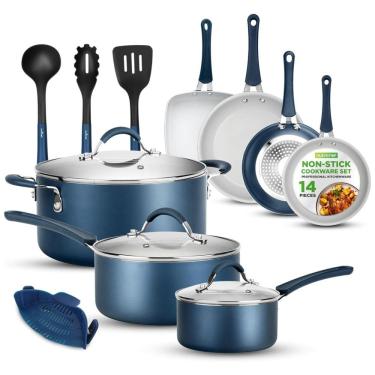 Imagem de Jogo de Panelas e Frigideiras Antiaderentes em Aço Inoxidável com Utensílios, 14 Peças, NutriChef NCCW14SBLU, Azul