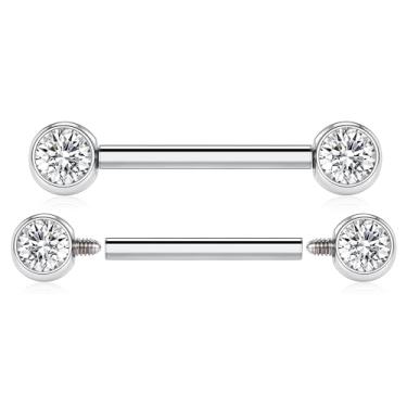 Imagem de FUNLMO 1 par de anéis de mamilo de 14 g, joias de piercing de mamilo com costas planas G23, joia de mamilo de titânio, roscada, internamente, barra, língua, ponte, joia para mulheres, Titânio