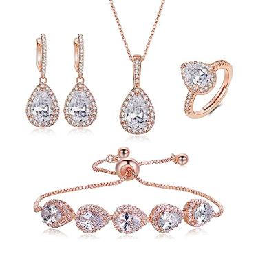 Imagem de Crysdue Colar com pingente de zircônia cúbica de lágrima de casamento com pingente de anel aberto, brincos deslizantes ajustáveis, conjunto de joias para noivas, aniversário, dia das mães, presente de