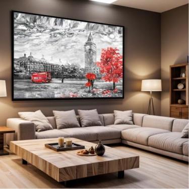 Imagem de Quadro Decorativo com Moldura Sala 90x60 Londres Arte Preto Branco Vermelho Luxo Grande Horizontal