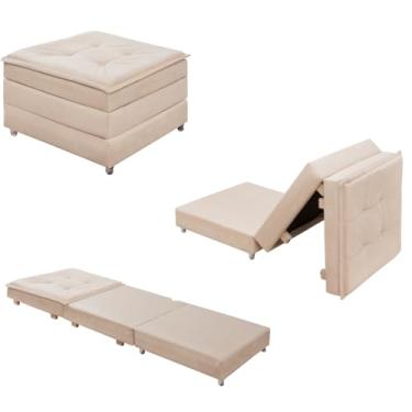 Imagem de Puff Dobrável 3 em 1 Vira Colchão Solteiro Com Rodinhas E Bau (Bege)