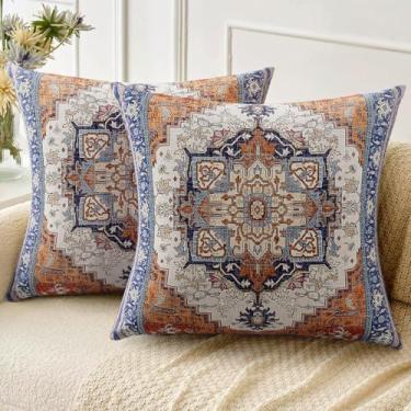 Imagem de ZSYTZL Conjunto de 2 capas de almofada Boho 45,7 x 45,7 cm, estampa de tapete boêmio de linho, decorativo, sala de estar, sofá-cama, capa de almofada quadrada, borda azul, laranja