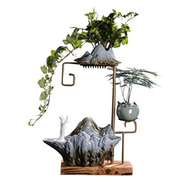 Imagem de Fonte de mesa Fonte de mesa Cerâmica Pedra Enfeites de Água Cortina de Chuva Fonte Decorativa de Água e Moldura de Metal Sala de Estar Escritório Quarto Umidificador Elegante Decoração de Casa