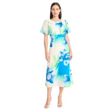 Imagem de Maggy London Vestido feminino midi estampado floral com decote canoa e cintura império - pronto para casamento, Marfim/azul, 44