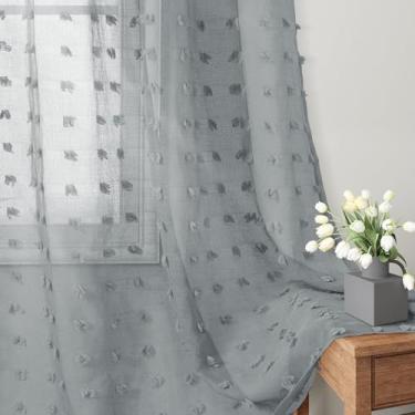 Imagem de Cortinas Guken transparentes texturizadas, tratamento de janela, drapeado, varão, bolso, elegante, conjunto de cortinas voile, pompom, sólido, bordado, transparente, 2 painéis W52 x L84 Cinza