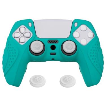 Imagem de eXtremeRate PlayVital Guardian Edition Aqua Green capa ergonômica macia antiderrapante controle de silicone para ps5, películas protetoras de borracha com tampas brancas Joystick para controle de PS5