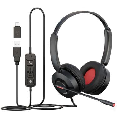 Imagem de MAIRDI Fone de ouvido USB com microfone, fone de ouvido USB-A/USB-C para PC com cancelamento de ruído, fone de ouvido com fio para computador com mudo para laptop, negócios, trabalho, casa, escritório