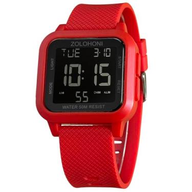 Imagem de zolohoni Relógio digital masculino quadrado com mostrador de números grandes, à prova d'água, LED, Vermelho e preto