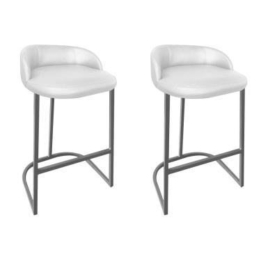 Imagem de Kit 02 Banqueta Betyna Com Encosto Alta Cozinha Bar Balcão Ferro Cinza Sintético Branco - Amey Decor
