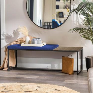 Imagem de Banco Recamier Puff 160cm Industrial Preto Corino Azul Marinho Tampo Quadrado Mdf Rústico