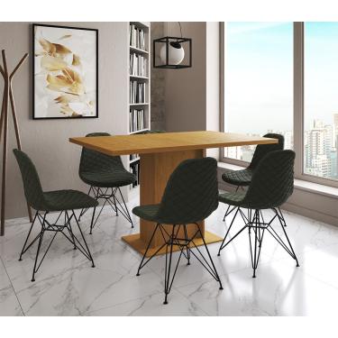 Imagem de Mesa Jantar Londres Retangular Canela 137X90Cm 6 Cadeiras Estofadas Verde Ferro Preto