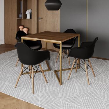Imagem de Mesa Jantar Industrial Quadrada 90Cm Amêndoa Base V Dourada Com 4 Poltronas Daw Madeira...