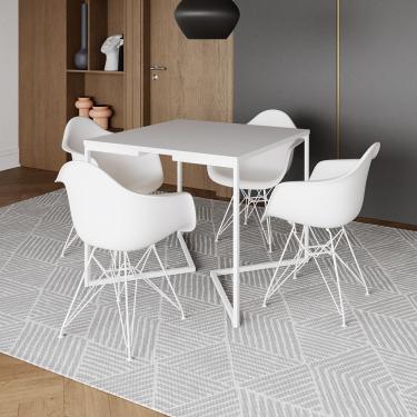 Imagem de Mesa Jantar Industrial Quadrada Branca 90Cm Base V Com 4 Poltronas Brancas Ferro Branco...