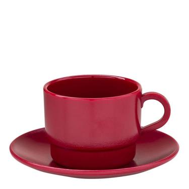 Imagem de Xícara Elegance Para Chá Com Pires 250ml Vermelha Em Policarbonato Linha Profissional Cook Vem
