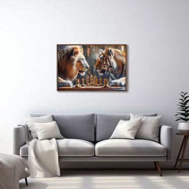 Imagem de Quadro Decorativo Leão E Tigre Jogo De Xadrez Com 1 Tela Cm Ou Cm De Parede Para Sala Hall Igreja 60 Tabaco