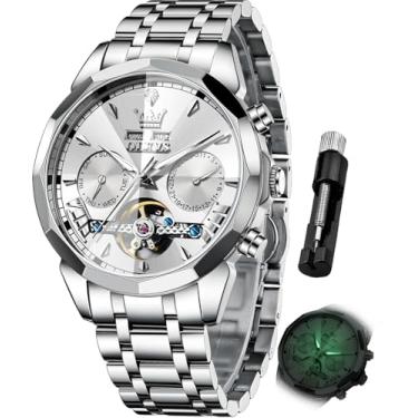 Imagem de OLEVS Relógios de pulso masculinos automáticos mecânicos luxuosos, mostrador grande, turbilhão, esqueleto, luminoso, G6619: pulseira prata e mostrador branco, Presente de festa clássico casual de luxo
