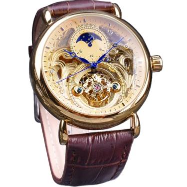 Imagem de FORSINING Relógio masculino de luxo com fase da lua e turbilhão, relógio de pulso mecânico oco de esqueleto retrô, cinto de couro, movimento automático, relógios masculinos, Ouro, ouro, Mecânico