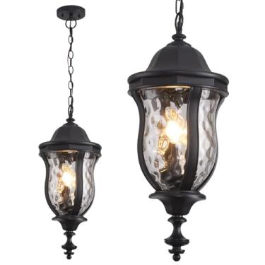 Imagem de Smeike Luminárias Pendentes Grandes Para Áreas Externas, 3 Luzes, 23,6'', Lanterna Suspensa Externa, Ajustável, Lâmpada Preta, Lustre De Fazenda, Montagem No Teto Entrada, Pátio