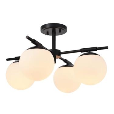 Imagem de Ntsunxeko Luminária De Teto Semi-Embutida Com 4 Luzes, Preta Fosca, Cúpula Vidro Leitoso Para Quarto, Sala Estar, Jantar, Hall Entrada, Corredor, Lavanderia, Bar