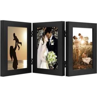 Imagem de Golden State Art, Porta-retratos com três dobras 13 x 17 cm, com 3 aberturas, colagem de fotos de família, com vidro real (triplo de 12 x 17 cm, preto, 1 pacote)