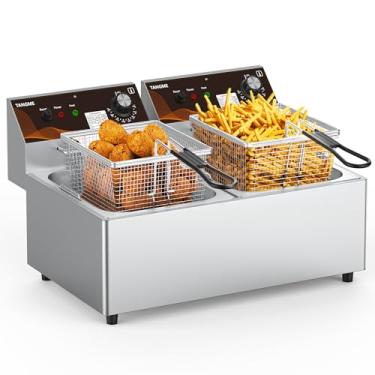 Imagem de Fritadeira comercial com cestas de 20,7 quartos de galão duplo tanque atualizado fritadeira elétrica de bancada de alta resistência em aço inoxidável de 1 mm de espessura, 120 V, 3600 W, certificado
