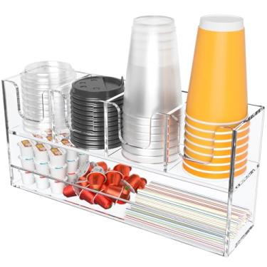 Imagem de Beego Suporte de copo de 5 compartimentos para bancada – dispensador de copos de acrílico transparente de 2 camadas para estação de café, organizador de copos de papel e tampa, armazenamento de
