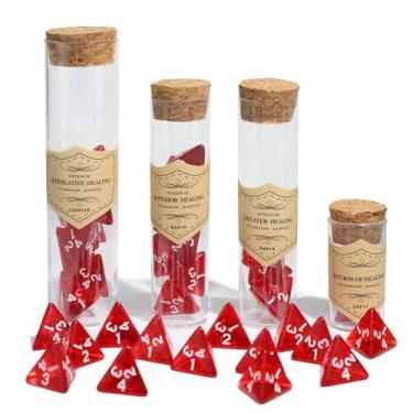 Imagem de FIGURESLAB 24Pce Red Polyhedral D4 Dice Set, Roleplaying Healing Potion Bottles with Cork Lids for RPG Board Table Gaming, Compatible with Dungeons and Dragons D&D MTG Accessories
