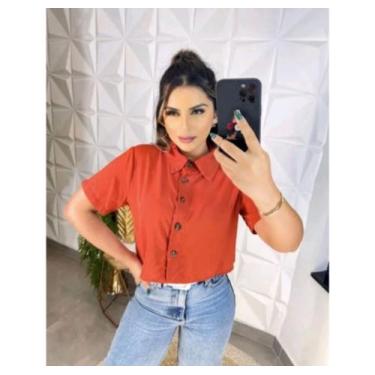 Imagem de Blusa Feminina Cropped Camisa Social Botões Em Viscolinho - amora mora