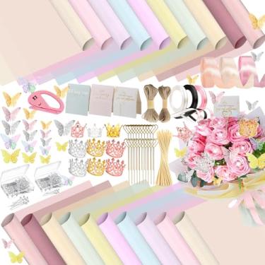 Imagem de DNSGOOR 548 peças de kit de papel de embrulho de flores com 200 folhas, buquê impermeável, decoração de papel de embrulho, coroas, 3D, buquê de borboleta, alfinetes, fitas para dia dos namorados