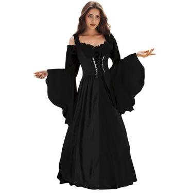 Imagem de Vestido renascentista feminino medieval Ren Faire traje renascentista vestido irlandês fantasia de Halloween para mulheres, Todo preto, Large-X-Large