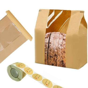 Imagem de NOONEAST Pacote com 200 sacos de pão grandes de papel para sacos de massa fermentada de pão caseiro 35,56 x 21,1 cm x 8,9 cm com trava de aba de gravata de lata transparente para janela frontal saco