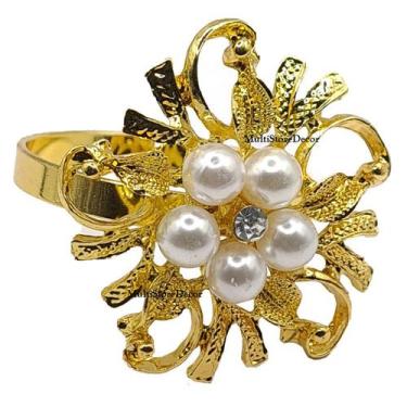 Imagem de KIT 04 Argola Porta Guardanapo Anel Flor de Pérolas Metal Luxo Mesa Po