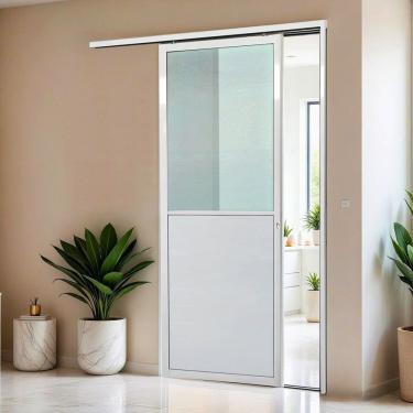 Imagem de Porta De Correr Suspensa 210x90cm Meia Lambril Meia Vidro Dir L.25 Branco