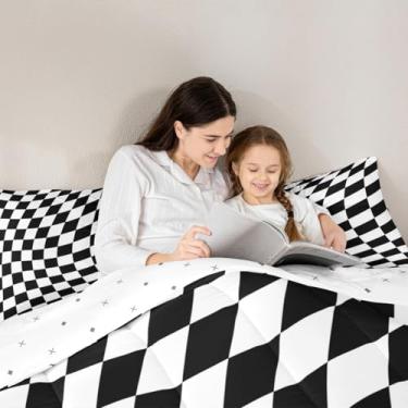 Imagem de Manfei Jogo de cama casal preto e branco quadriculado, 3 peças, para decoração de quarto de crianças, meninos e meninas, edredom xadrez geométrico, 2 fronhas, sem lençol