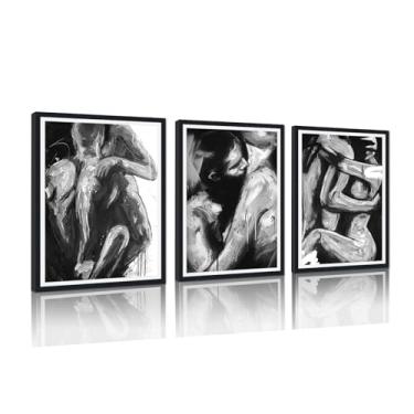 Imagem de Conjunto de arte de parede romântico para quarto casal abraçando impressão em tela emoldurada decoração de parede beijando amantes pôster preto e branco decoração de casa para apartamento bar hotel