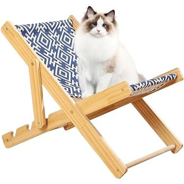 Imagem de Cadeira De Praia Para Gatos, Cadeira De Gato Elevada, Cadeira De Cama Para Animais De Estimação De Madeira, Cadeira De Convés Para Gatos Ajustável, Sofá De Arranhar Para Gatos Cães, Canvas