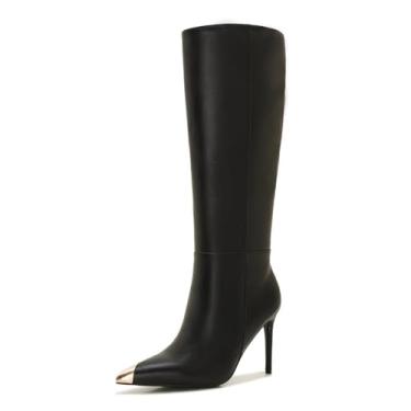 Imagem de Aizhenzm Botas femininas de cano alto de panturrilha larga – Botas de salto agulha plus size com bico de metal, elegante bico fino, moda outono inverno, Preto, 11 Wide